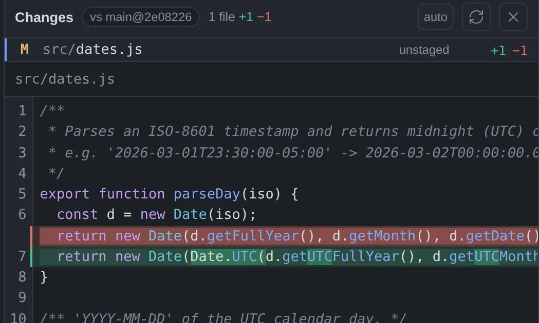Changes panel with the diff of one file