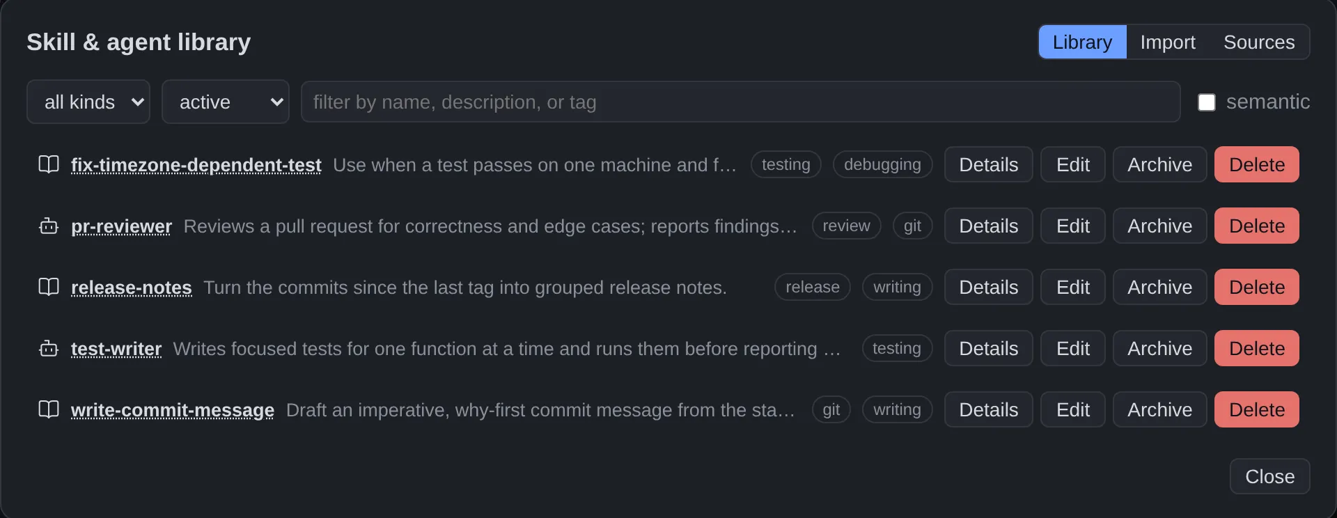 Skill and agent library listing five skills and agents with their tags