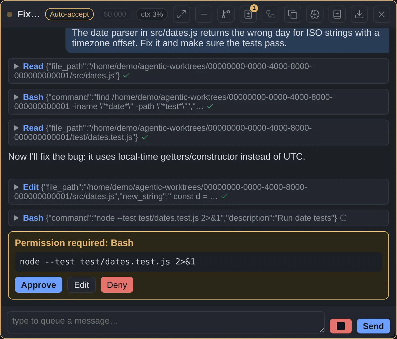 A Bash permission request with allow and deny buttons